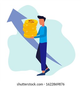A happy man stands by lifting a pile of coins. The concepts of multitasking, productivity and financial management. Flat vector illustration