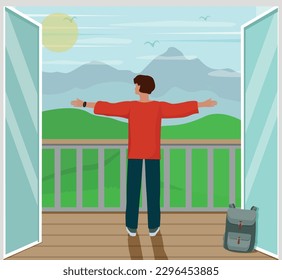A happy man stands on the balcony and admires the beautiful view of the mountains and green hills. Vector illustration.