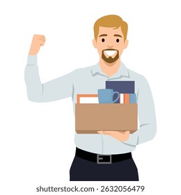 Happy Man Começando um Novo Trabalho, novo começo ou nova oportunidade. Ilustração de vetor plano isolada no plano de fundo branco