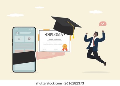 Happy man student after graduation. Teacher hand give graduate hat and diploma from mobile phone. App for education and learning process. Smart male character learning online. Flat vector illustration