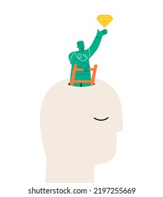 Happy man succeed finding valuable diamond inside his head. Self discovery and identity finding concept. Colorful vector illustration
