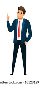 Happy man with successful business idea. Businessman pointing finger up in good mood. Inspiration and innovation vector illustration. Investor in suit standing, thinking and smiling.