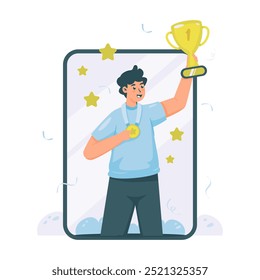 Happy man successfully becomes the winner, A man lifting the trophy and pointing at the gold medal, Appreciation of employee of the year, Vector illustration