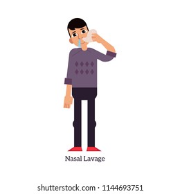 Happy man suffering from runny nose, rhinitis doing nasal lavage. Male character with allergy. Unwell person with disease with positive emotions after procedure. Vector illustration.