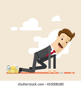 Happy man in suit, businessman got investment, he stands on start line for new business, project. Start up. Vector, flat, illustration