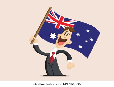 happy man in suit holds Flag of Australia