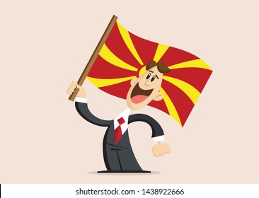 happy man in suit holds Flag of North Macedonia