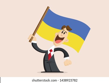 happy man in suit holds Flag of Ukraine