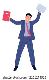 Happy man in suit with paper document and file folder