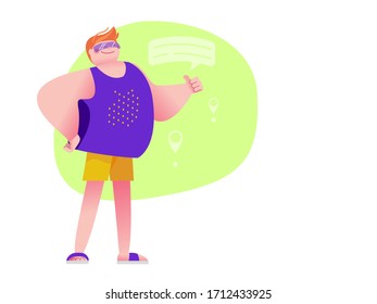 Happy man in summer clothes shows like. Tourism and summer travel