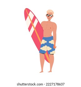 Happy Man in Sunglasses on Beach Carrying Wooden Surfboard Enjoying Summer Vacation and Seaside Rest Vector Illustration