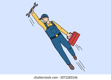 Happy man superhero plumber with wrench ready to help client or customer. Smiling mechanic or engineer plumb fix repair equipment. Job work occupation concept. Vector illustration. 