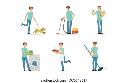 Happy Man Sweeping the Floor, Walking the Dog, Baking Pie and Nursing Baby Vector Set