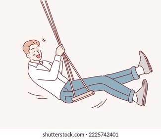  happy man swinging on a wooden swing. Hand drawn style vector design illustrations.