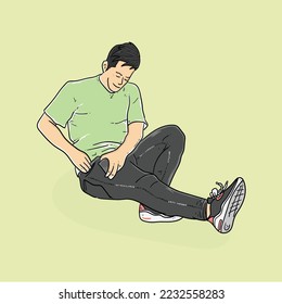 Happy man take smartphone on his pouch with green background modern vector illustration