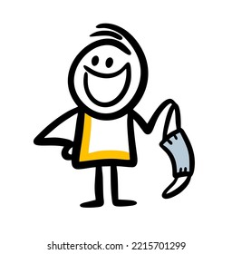 Happy man takes off the medical mask with happy smile on the face. Vector illustration of funny boy.