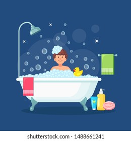 Happy man taking bath in bathroom with rubber duck. Wash head, hair, body, skin with shampoo, soap, sponge, water. Bathtub full of foam with bubbles. Hygiene, everyday routine, relax. Vector design