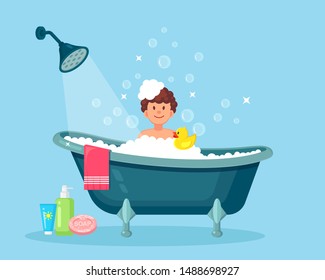 Happy man taking bath in bathroom with rubber duck. Wash head, hair, body, skin with shampoo, soap, sponge, water. Bathtub full of foam with bubbles. Hygiene, everyday routine, relax. Vector design