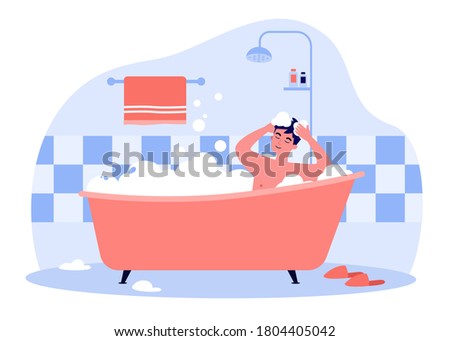 Happy man taking bath in bathtub with foam isolated flat vector illustration. Cartoon character washing head and hair with shampoo, soap, water. Hygiene and everyday routine concept