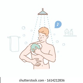 Happy man taking shower in bathroom concept. Hand drawn style vector design illustrations.