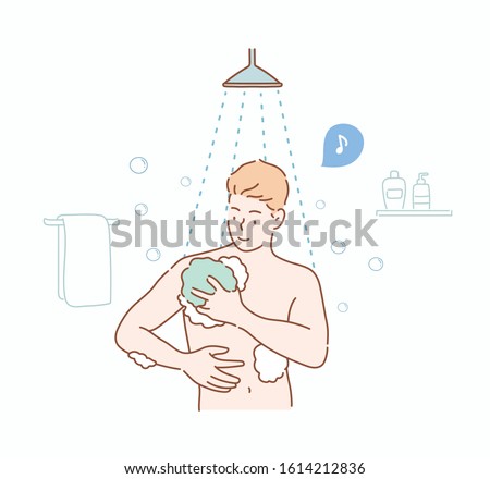 Happy man taking shower in bathroom concept. Hand drawn style vector design illustrations.