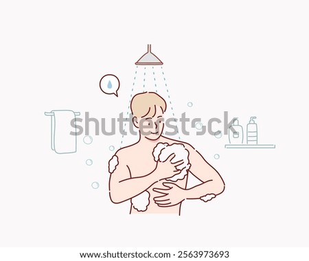 Happy man taking shower in bathroom concept. Hand drawn style vector design illustrations.	