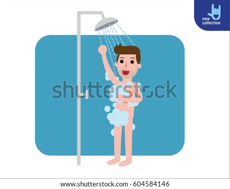 Happy man taking shower in bathroom.
Shower with running water. 
People healthy lifestyle concept.
Vector flat style cartoon character design illustration
Isolated on white background.
