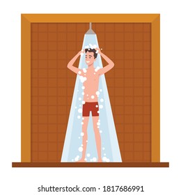 Hombre feliz duchándose en el concepto exterior, Ilustración plana vectorial.