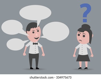 happy man talking doll and angry woman