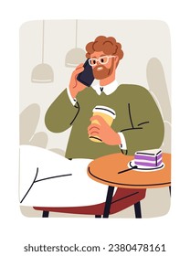 Hombre feliz hablando por teléfono móvil, sentado en una mesa baja en el café. Persona charlando, hablando en un smartphone, relajándose con la bebida en la cafetería. Comunicación por teléfono móvil. Ilustración vectorial plana