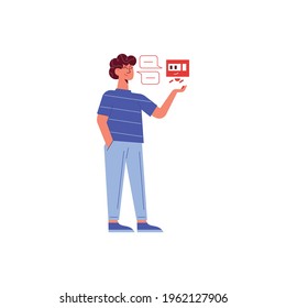 Happy man talking to smiling chatbot flat icon on white background vector illustration