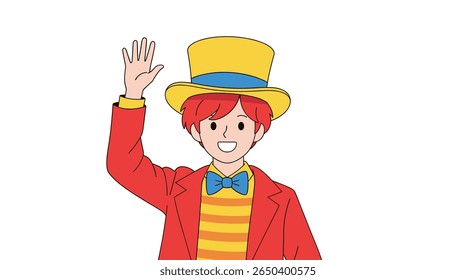 Happy man in a tall hat waves hello cheerful greeting animation doodle style
