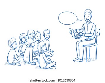 Happy Man, Teacher, Nurse Or Parent, Reading A Book To A Multi Ethnic Group Of Children. Hand Drawn Line Art Cartoon Vector Illustration.