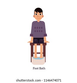 Happy man with temperature and fever making foot bath icon. Smiling male character with cold and flu. Unwell person with disease. Vector illustration.