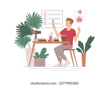 Happy man testing food at table behind video camera. Food vlogger or critic, reviewer cartoon character, flat vector illustration isolated on white background.