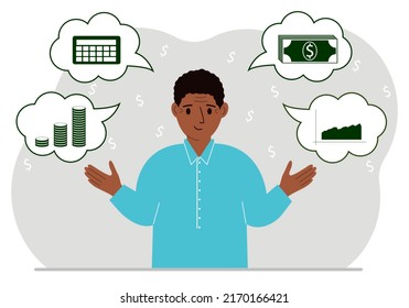 Happy man thinking about finances. In my thoughts money, calculator, charts. For posters, banners, websites. Vector flat illustration