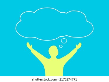 Happy man thinking and planning. Clouds of dreams and imagination. Human shape and speech bubble. Vector illustration.