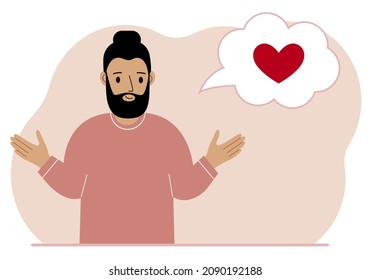 Happy man thinks about love. In the balloon of thought is a red heart. Vector flat illustration