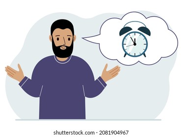 Happy man with thought balloon with alarm clock. Time management, planning, organization of working time, effective business, deadline. Vector flat illustration