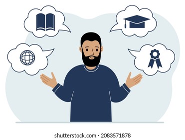 Fröhlicher Mann mit Gedanken über das Lernen. Internetberuf, Hochschulbildung, Börse, Finanzkompetenz. Verschiedene Symbole zum Thema Bildung. Vektorgrafik
