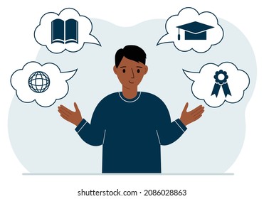 Happy man with thoughts about learning. Internet profession, higher education, stock exchange, financial literacy. Various icons about education. Vector flat illustration