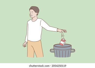 Happy man throw away in trash cigarettes package stop quit smoking. Smiling male refuse from nicotine addiction. Healthy lifestyle, body care, healthcare concept. Flat vector illustration. 