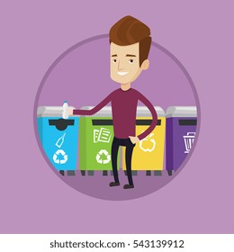 Happy man throwing away plastic bottle. Man throwing away plastic bottle in an appropriate bin. Concept of waste sorting plastic. Vector flat design illustration in the circle isolated on background.