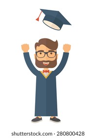 A happy man throwing the graduation cap in the air. A Contemporary style. Vector flat design illustration isolated white background. Vertical layout