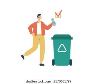 Happy man throwing plastic bottle into green trash bin. Ecology protection, cleaning, waste recycling and climate saving concept. Modern flat vector illustration