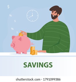 Happy man throws coins into a piggy bank. Savings concept. Vector illustration in flat style