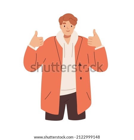 Happy man with thumbs up, expressing agreement and approval. Positive person gesturing like, super with hands and fingers. Guy with great sign. Flat vector illustration isolated on white background