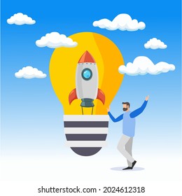 A happy man touching bulb that contain rocket inside, symbol of successful and achieve business concept , go up among the clouds, go beyond competitor