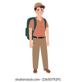Happy man tourist with backpack and cap. Traveler, hiker guy. Standing pose. Vector flat illustration isolated on white background