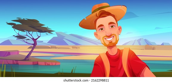 Happy man tourist making self photo in african savannah. Vector cartoon illustration of character with red hair and beard on safari travel in savanna with river, acacia trees and mountains